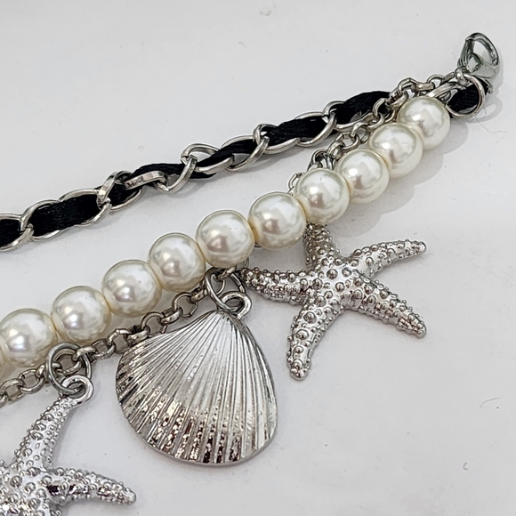 Silver 3 Strand Chain Bracelet Pearls, Seashell Starfish - Picture 4 of 6